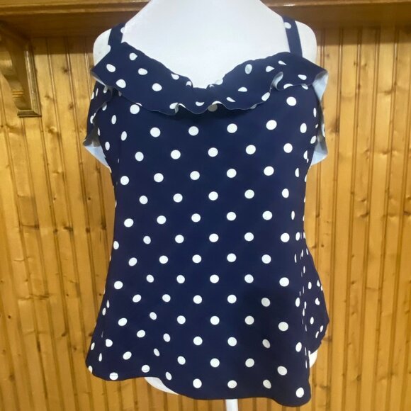 Lands End Tankini Swim Top Womens Size 18W Navy Polka Dot Ruffle Beach Resort C - Picture 1 of 14